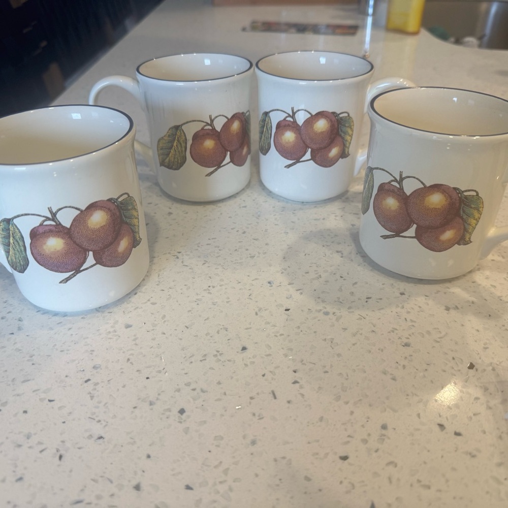 Pier 1 White Ceramic Mugs with Fruit Motif - Set of 4